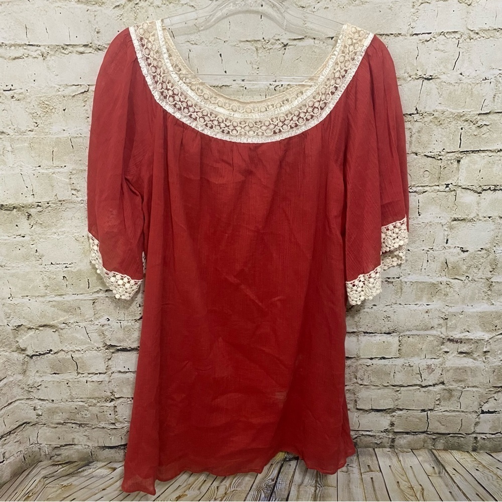 Umgee Rust Color Floral Lace Crochet Crinkle Shift Dress